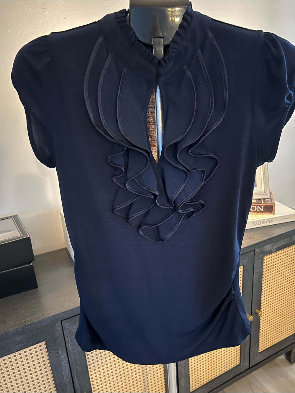 Navy Ruffle Front Short Sleeve Blouse